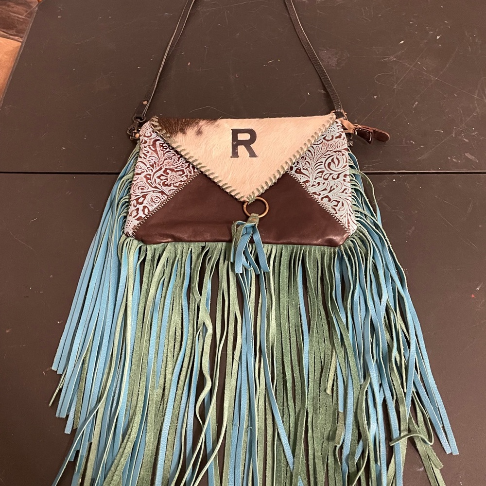 Myra Bag Brown and Blue Crossbody with Fringe